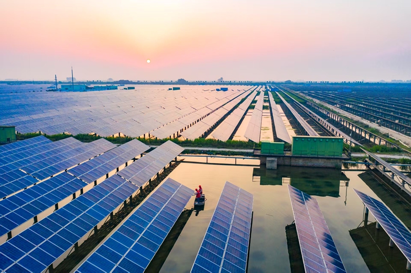 航拍金湖縣塔集鎮陳家圩的振合“漁光互補”光伏發電站。梁德斌攝
